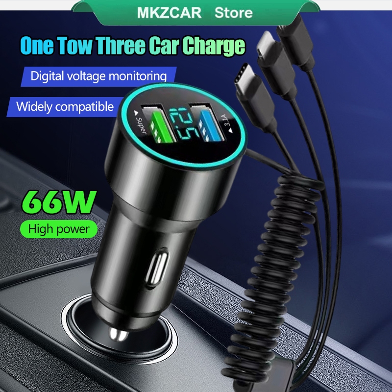 66W Car Charger Fast Charging Adapter Dual USB with 3IN1 Stretchable ...