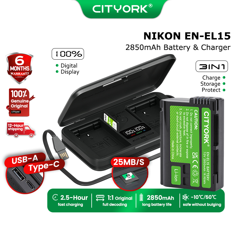Kit 2 Batterie EN-EL15 2500mAh + Caricatore Doppio LED Per Nikon Z6/Z7/D500/D850 – Ricarica USB E Power Bank