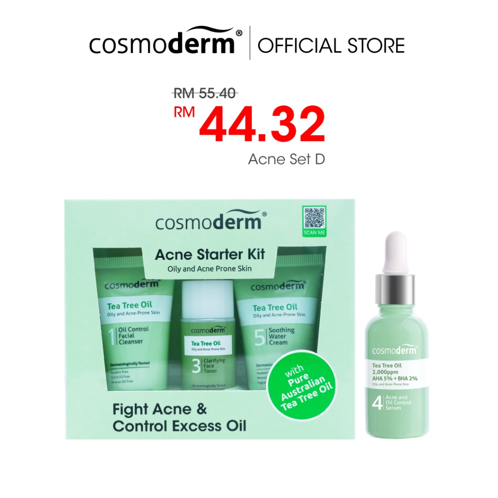 Cosmoderm Tea Tree Oil Mini Acne Care Starter Kit (Cleanser · Toner ...