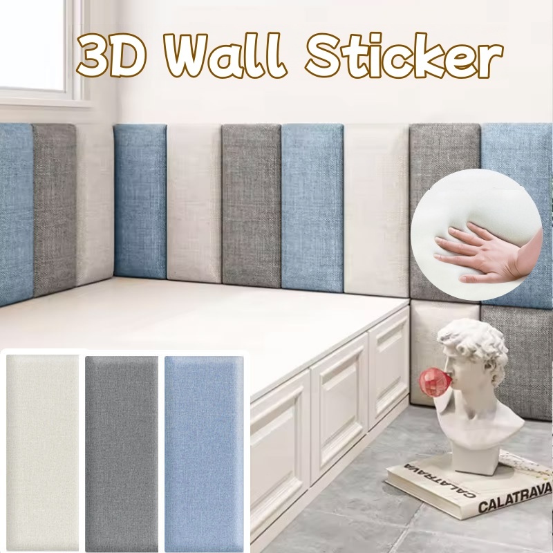 3D Headboard Wall Cushion Sticker Solid Color Linen Wall Baby Safety ...