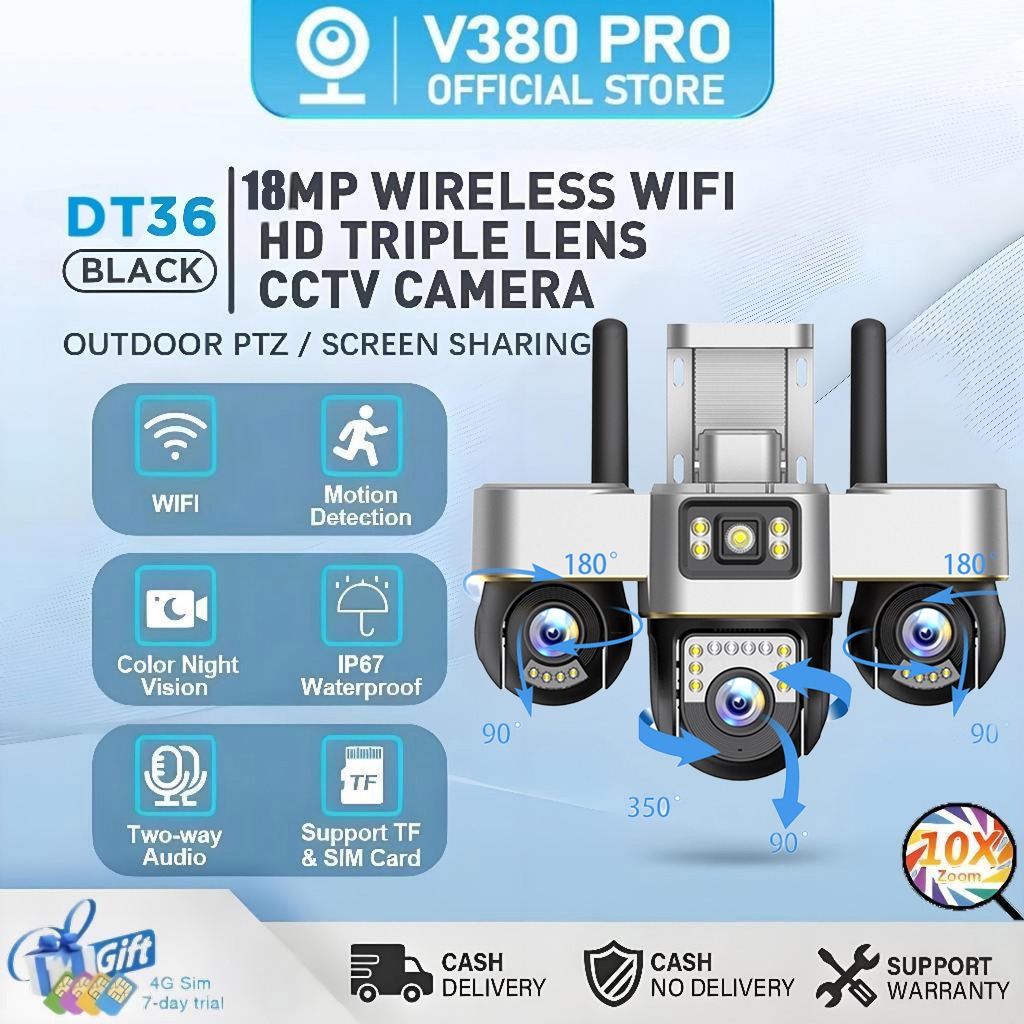 V380 PRO DT36 Three Lens CCTV Camera 18MP Outdoor Waterproof Wifi PTZ ...