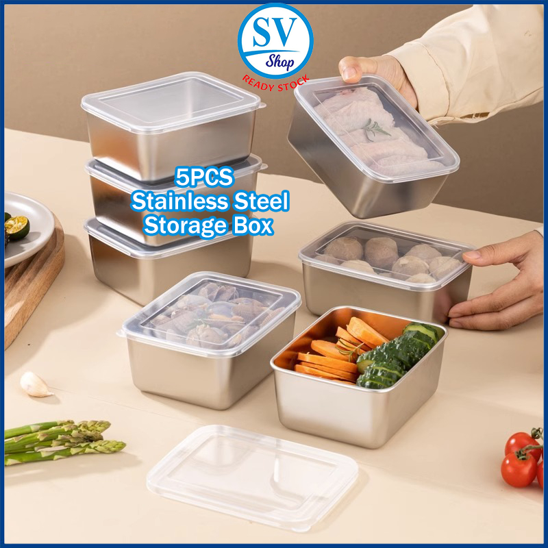 5 IN 1 Stainless Steel Storage Box With Lid For Food Fruits Side Dishes ...