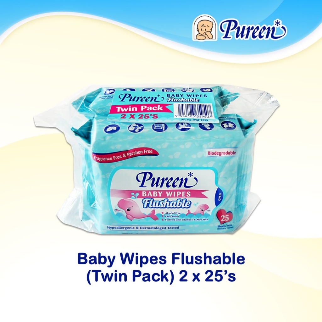 Pureen Baby Wipes Flushable (2 x 25's) - Fragrance Free | Shopee Malaysia