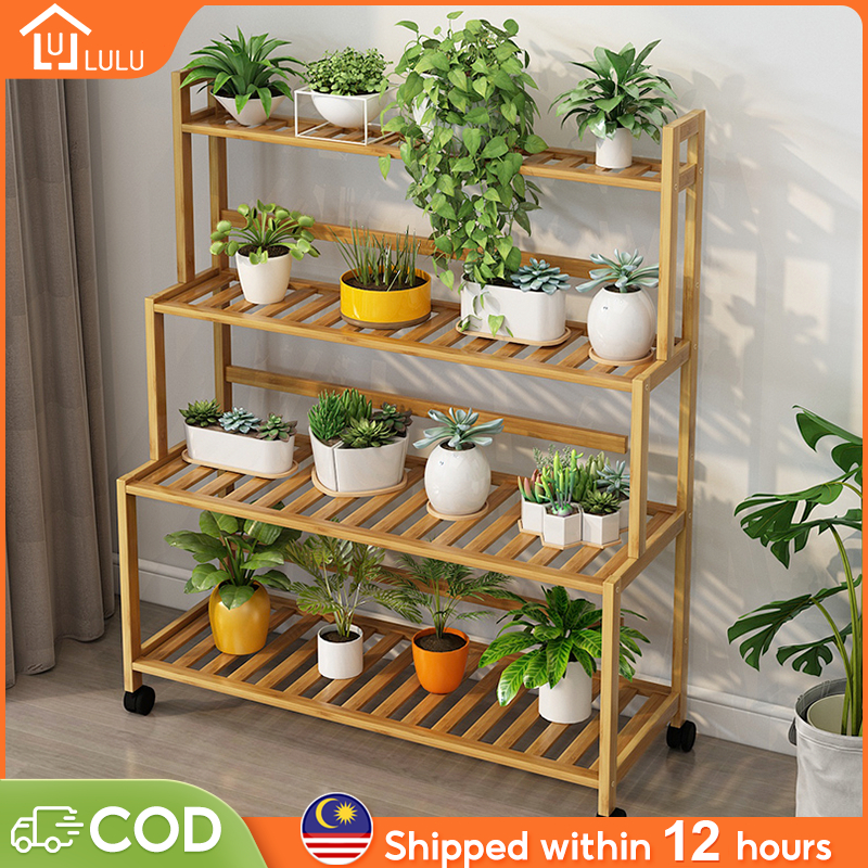 LULU Bamboo Flower Pot Stand Rak Pasu Bunga Outdoor 3/4 Layers Plant ...