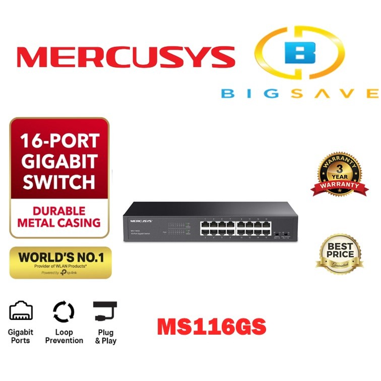 TP-Link Mercusys MS116GS Switch Gigabit 16 Porte, Montaggio Desktop o Rack, Plug & Play, Priorità del Traffico, Prevenzione Loop, Modalità di Isolamento, Funzionamento Silenzioso, Case in Metallo