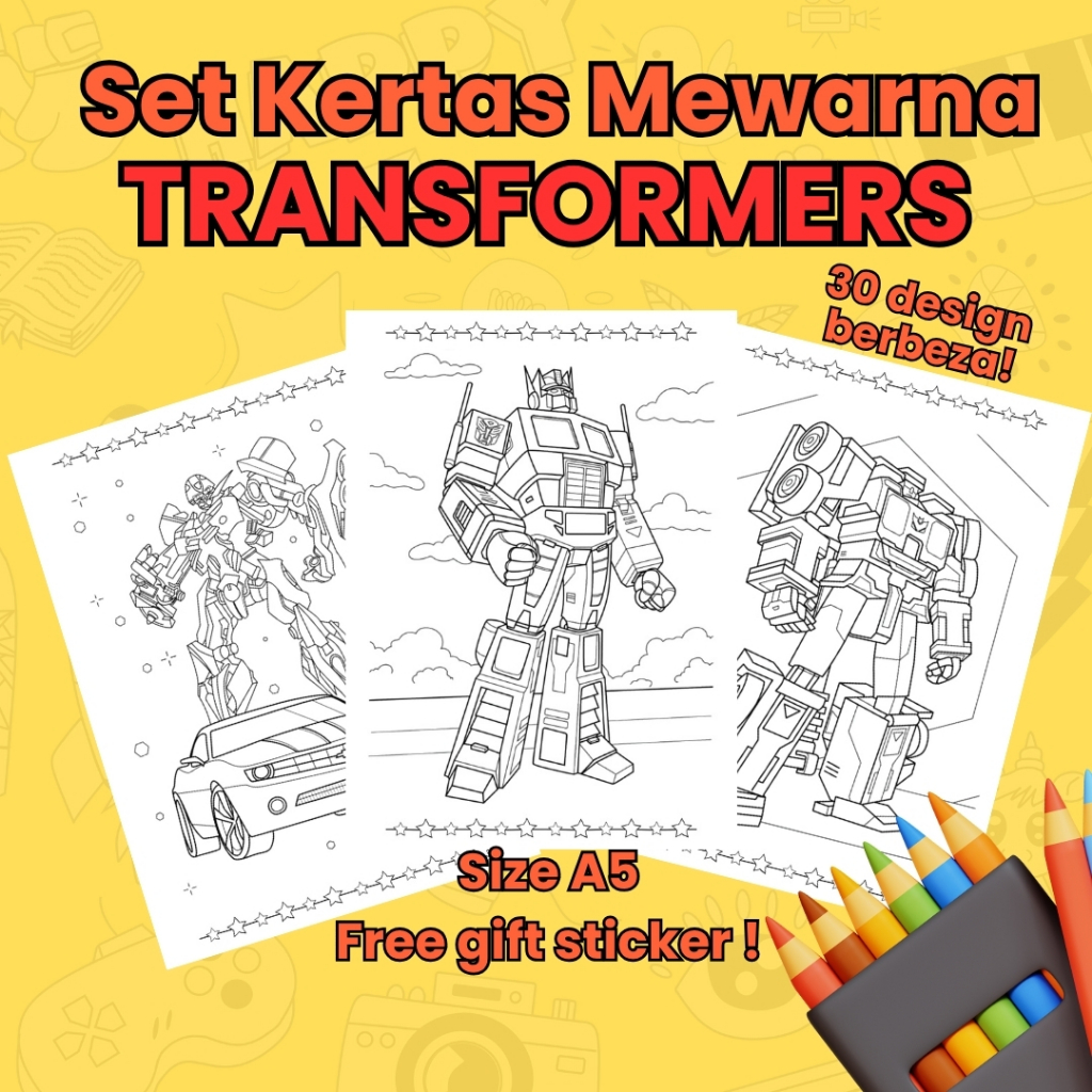 TRANSFORMERS Coloring Pages A5 – 30 Helai Set Kertas Mewarna Kanak ...