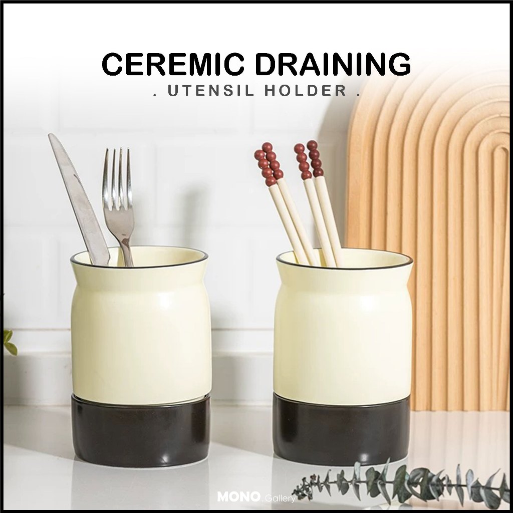 Ceramic Multipurpose Storage Bucket Kitchen Utensils Holder with Drain ...