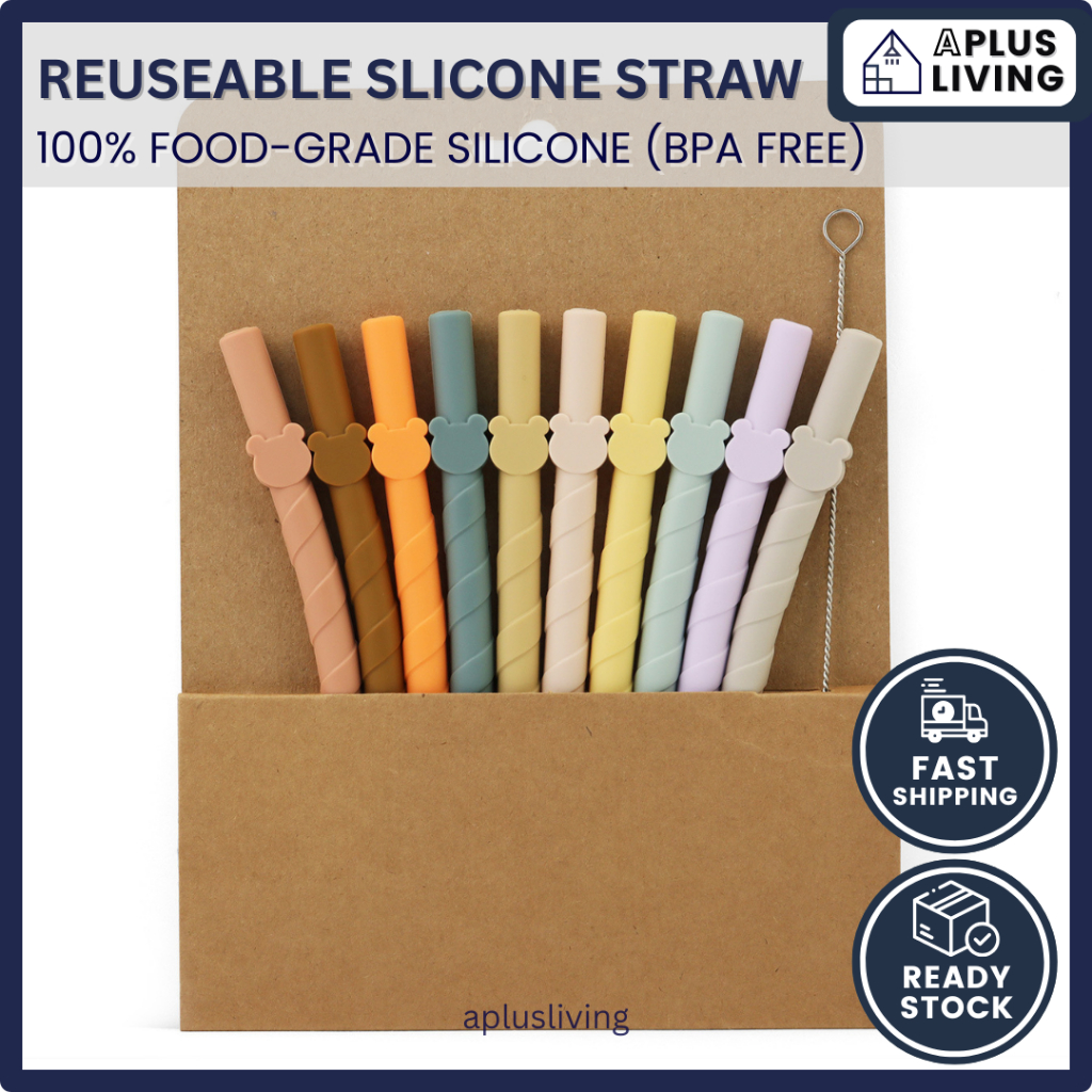[11 Pcs] Reusable Silicone Straw Set with Cleaning Brush Food Grade ...