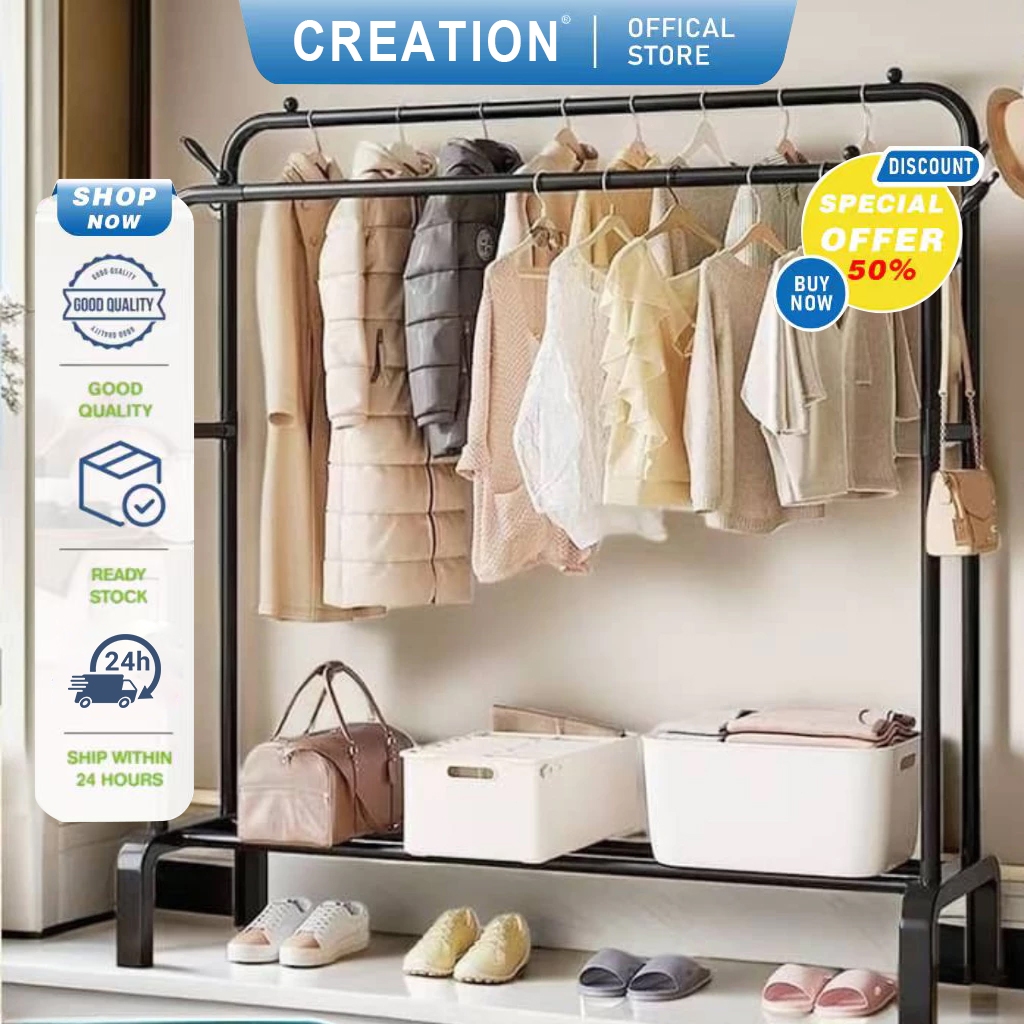【CREATION】Double Pole Clothes Hanger For Bedroom Floor Drying Rack ...