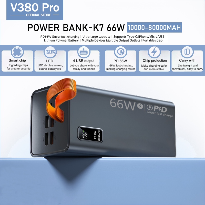 V380 Pro Power Bank PD66W Fast Charging 12000mAh-80000mAh Powerbank Portable Charger Digital Display For Phone