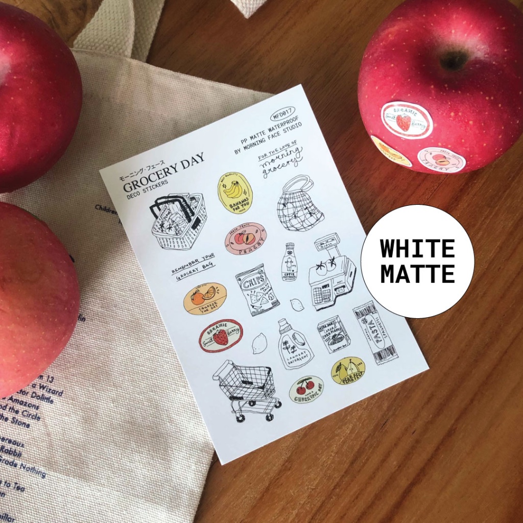 Grocery Day Sticker Sheet (White Matte Waterproof Sticker, Morning Face ...