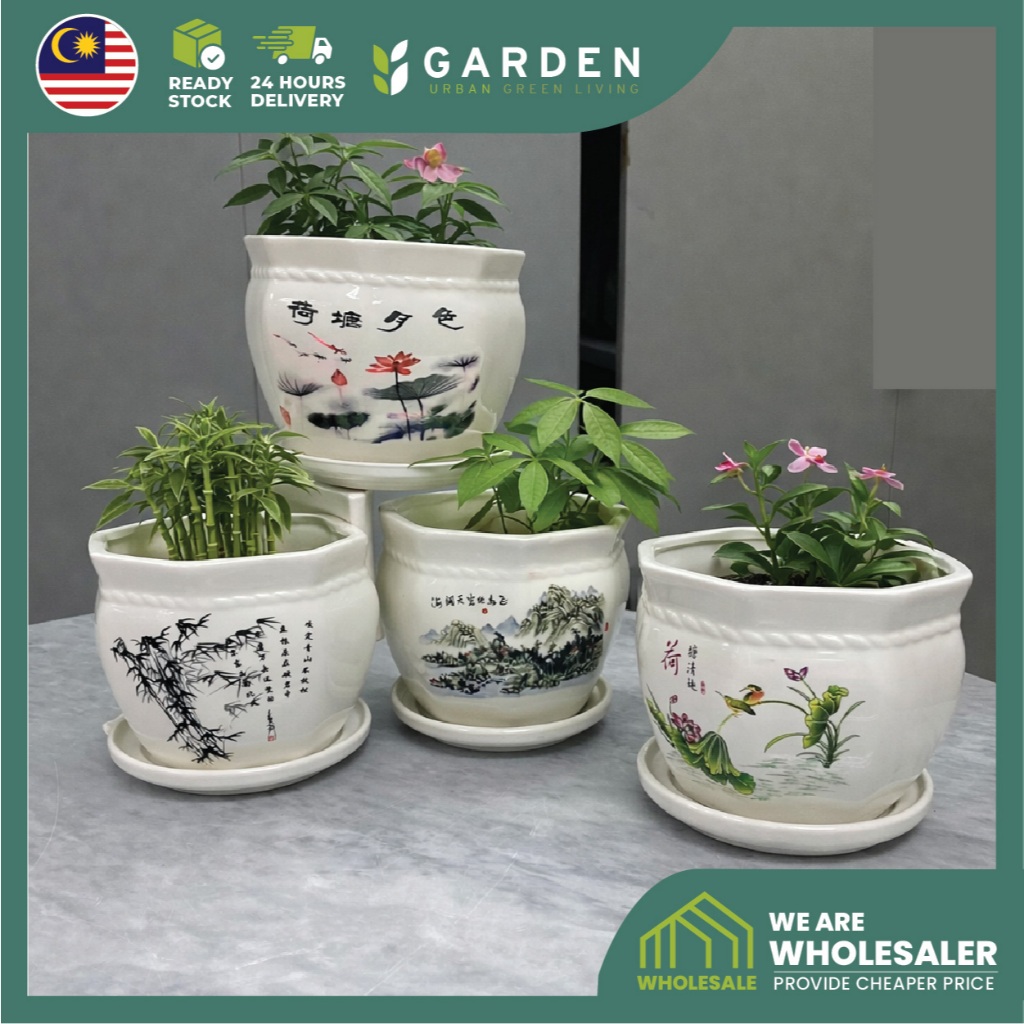 3 in 1 Set White Ceramic Pot Chinese Drawing Flower Pot Indoor Creative ...
