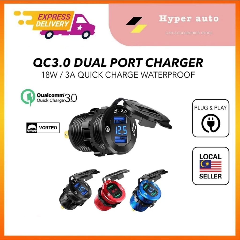VORTEQ 12-24V USB Charger Motorcycle Waterproof 4.2A Dual Port Voltage ...