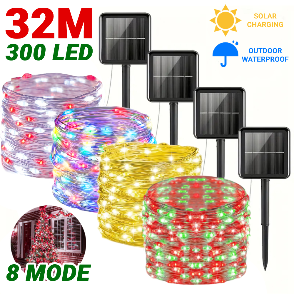 32M 8 Modes LED Lampu Raya Solar String Light Copper Wire Light LED ...