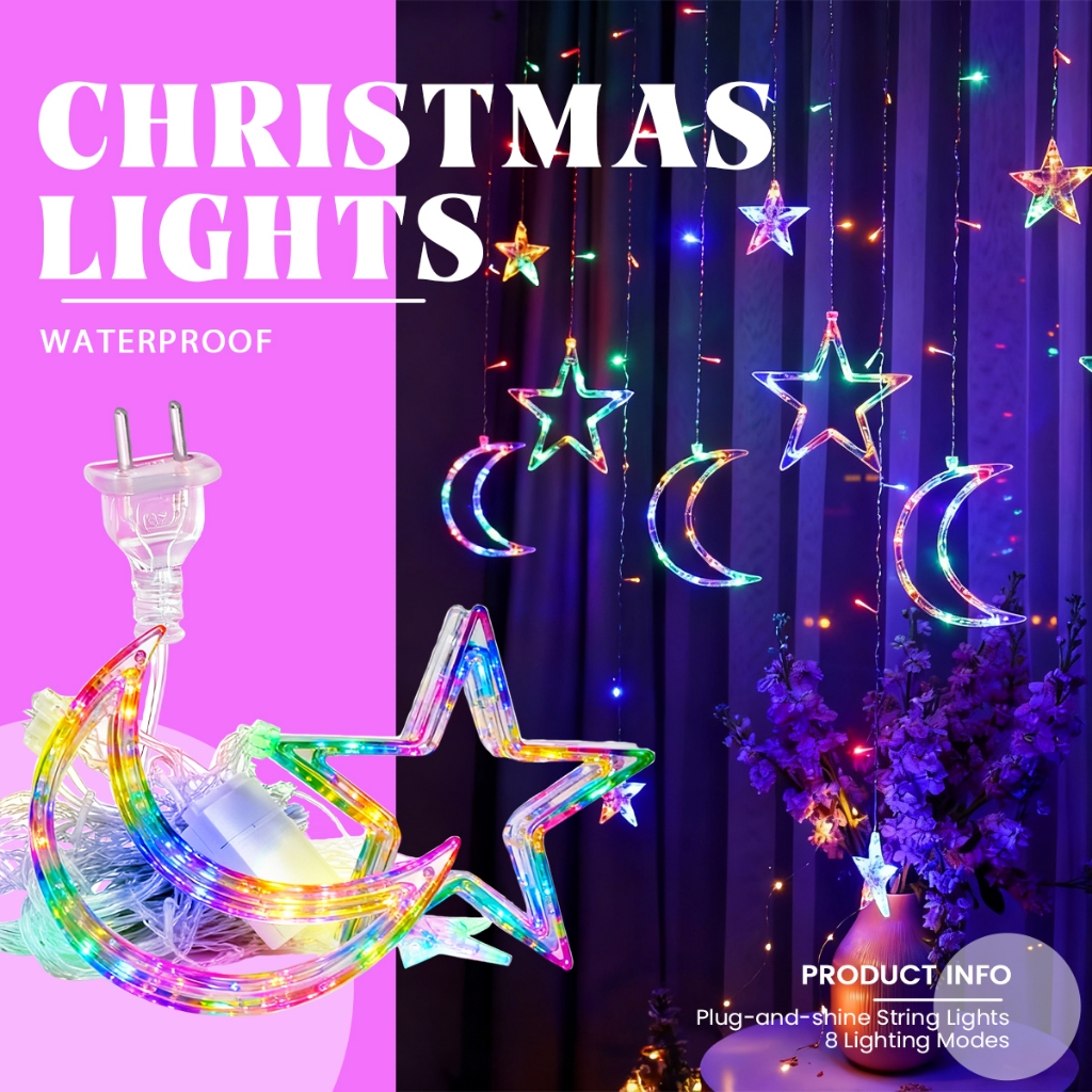 Moon Star LED Fairy Light 8 Modes Lampu Raya Waterproof Hari Raya lampu ...