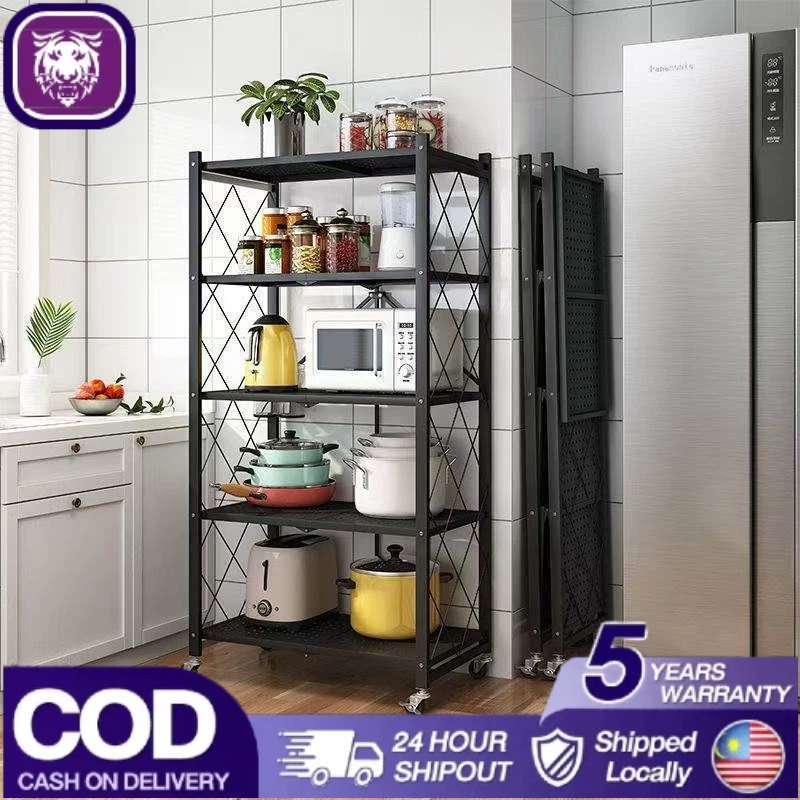 Foldable Storage Rack With Whee 3/4/5 Tiers Kitchen Rack Shelf ...