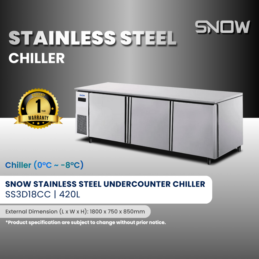 SNOW STAINLESS STEEL UNDERCOUNTER 3 DOOR CHILLER/ FREEZER 420L (1 year ...