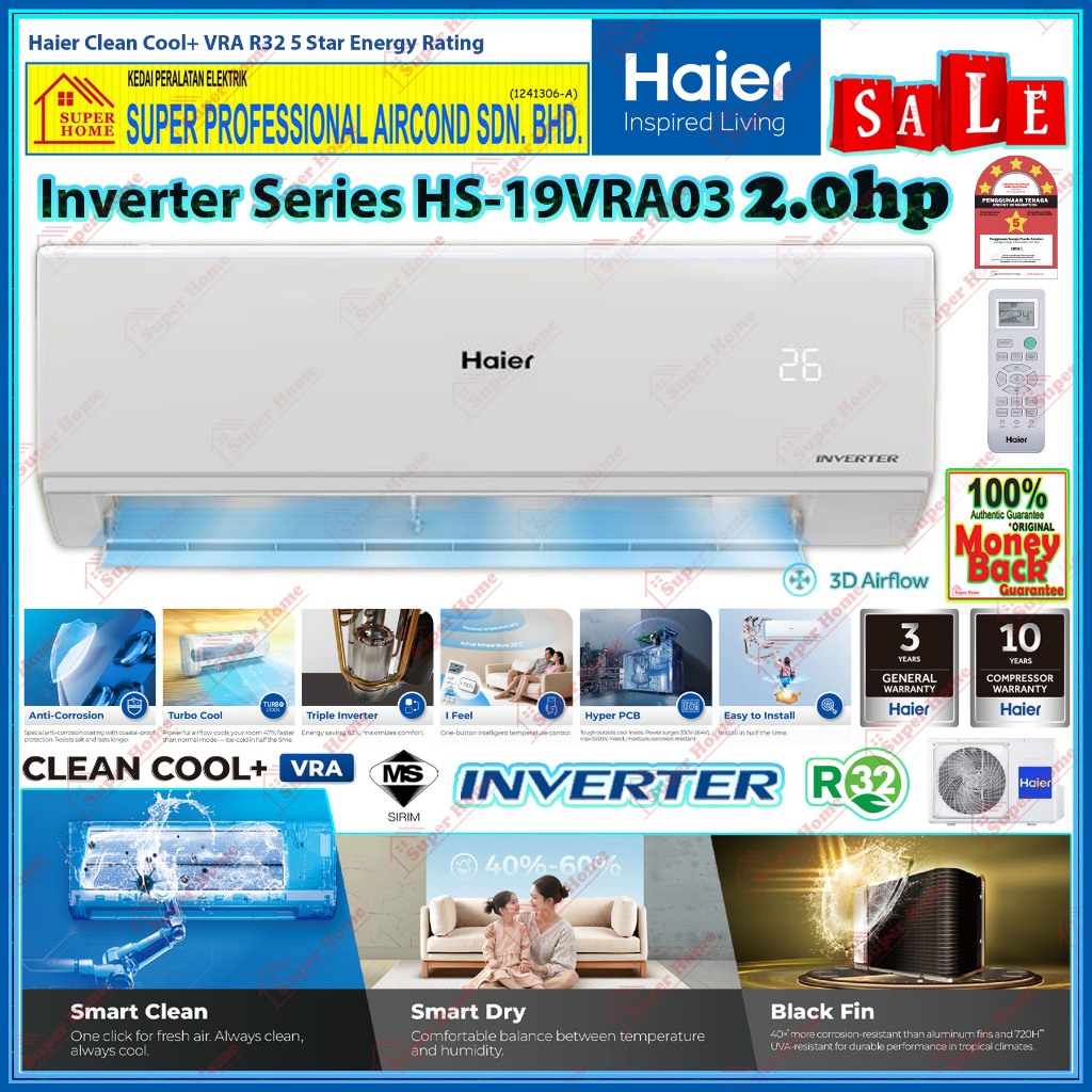Haier 2.0hp DC Inverter Air Conditioner HS-19VRA03 R32 Energy Saving ...