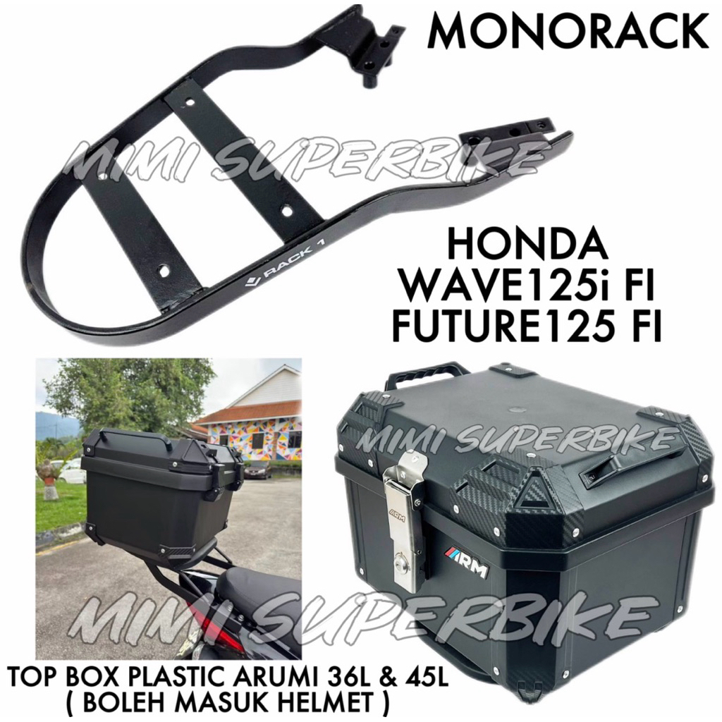 HONDA W125i FI / FUTURE125 FI MONORACK RACK & TOP BOX ARUMI PLASTIC 36L ...