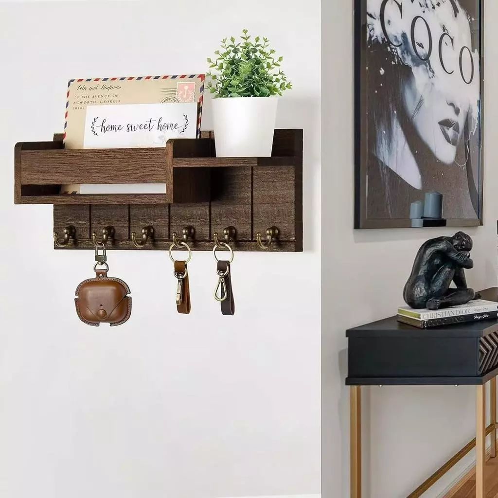 Natural Wood Key Holder and Mail Holder Wall Rack Decor for Entryway ...