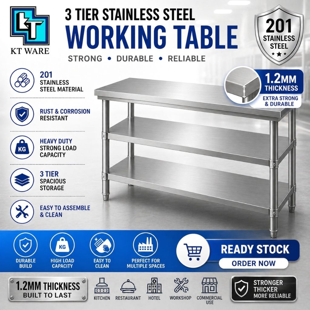 KT WARE 3 Tier Stainless Steel Kitchen Working Table Storage Rack Heavy ...