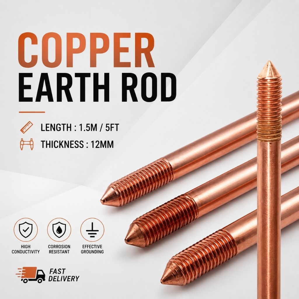 12MM x 1.5M 5ft Copper Rod Earth Rod Grounding Rod For Electrical ...
