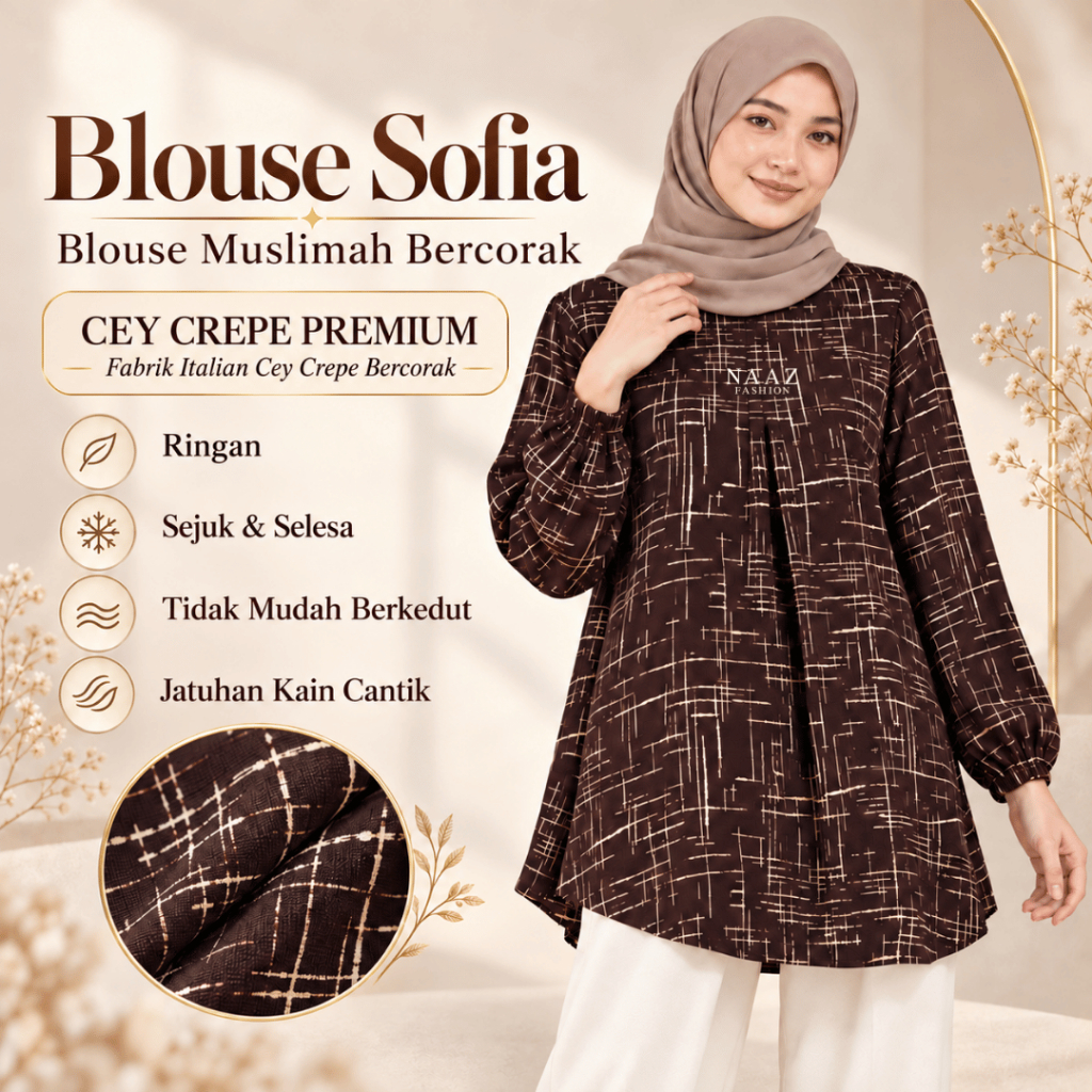 BLOUSE MUSLIMAH BERCORAK | BLOUSE SOFIA | Blouse Ironless Wanita Plus ...