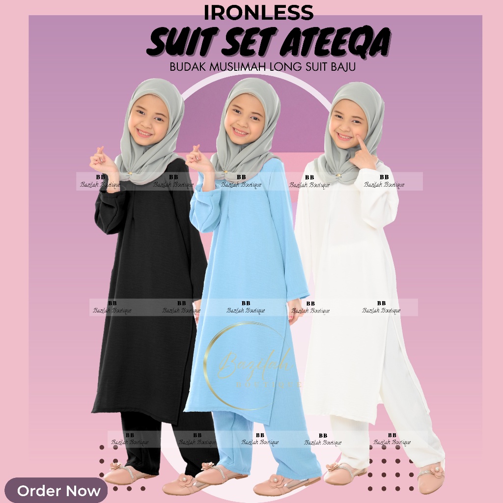 Suit Set Ateeqa Budak(Ironless) Muslimah Long Baju Seleuar Costume Kids ...