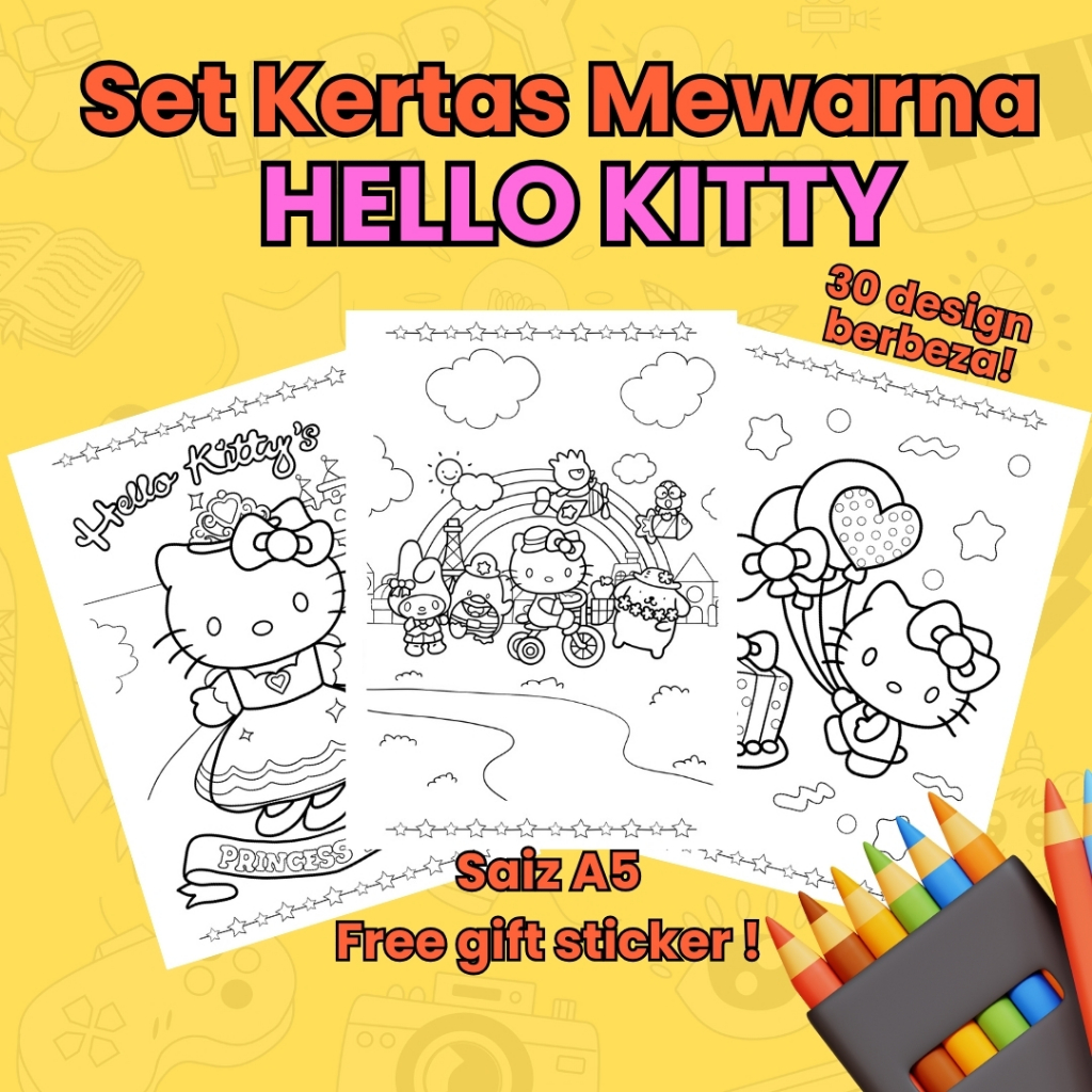 HELLO KITTY Coloring Pages A5 – 30 Helai Set Kertas Mewarna Kanak-Kanak ...