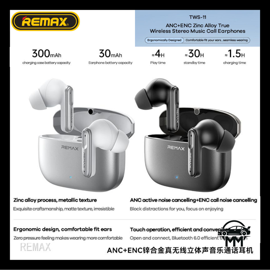 Remax TWS-11 Zinc Alloy True Wireless Earbuds ANC + ENC Ergonomic Design  Fits comfortably in your ear seamless wear | Shopee Malaysia