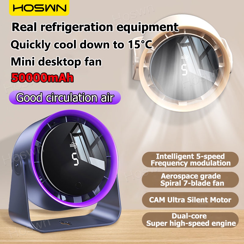 HOSWN Mini Desktop Fan 50000mAh High Speed Table Fan 5 Speed Digital ...