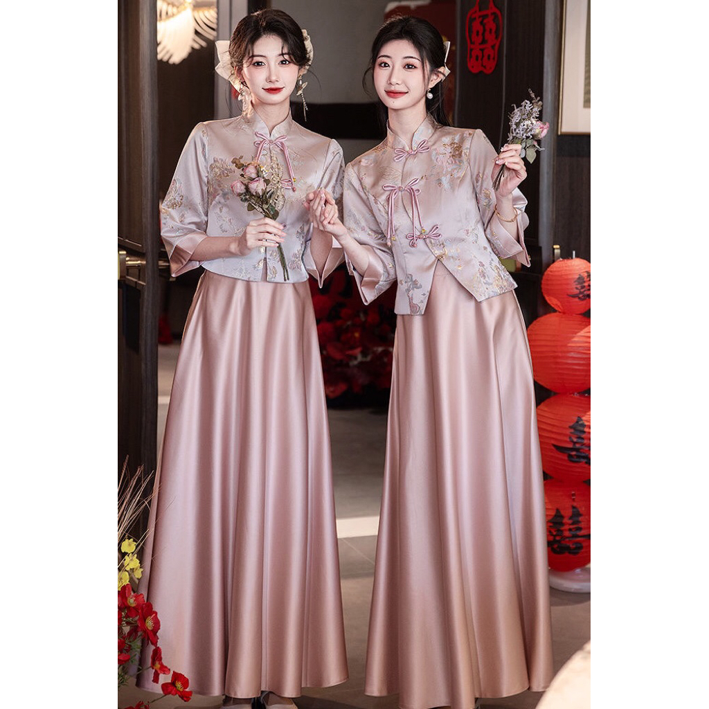 chinese wedding bridesmaid dress Blue Grey Bridesmaid 2-pieces Qipao Cheongsam Dress – Oriental Me