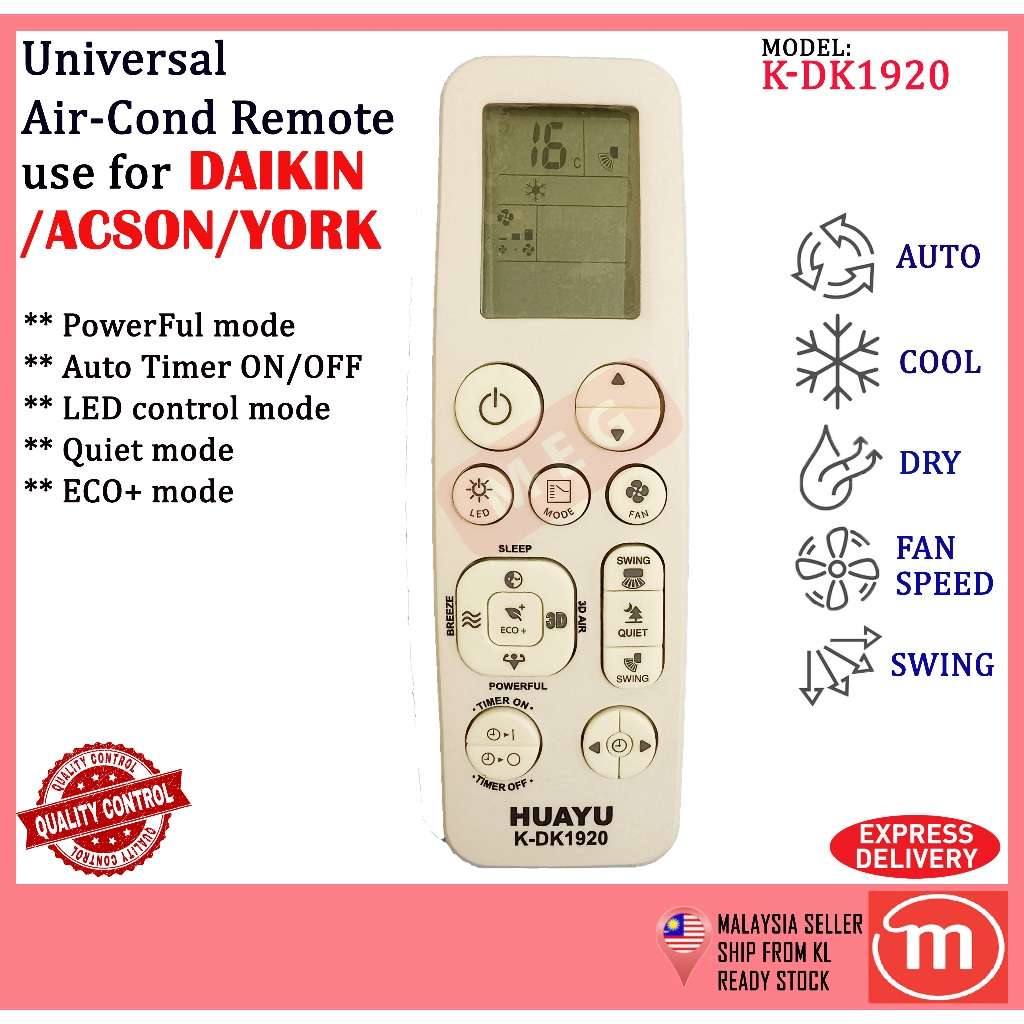 DAIKIN / YORK / ACSON AIR COND REMOTE CONTROL MULTI REPLACEMENT HUAYU K ...