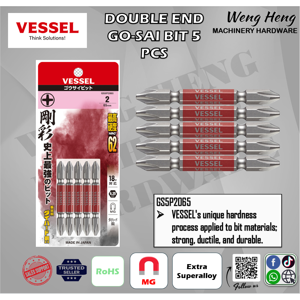 Vessel Double End GO-SAI Bit 5-Piece Set (Ph No.2 x 65 5PC Set ...
