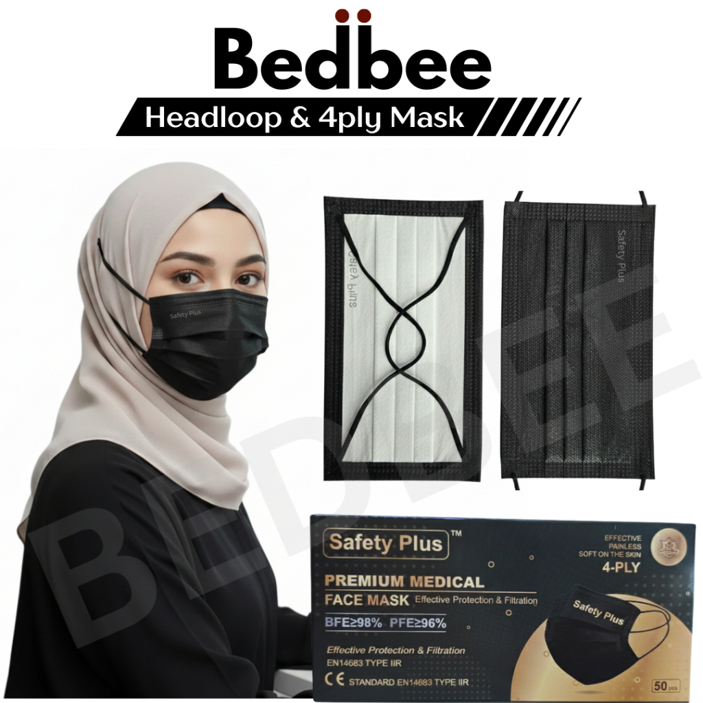 SAFETY PLUS 4PLY HEADLOOP FACE MASK ADULT 50PCS, HIJAB MASK DEWASA ...