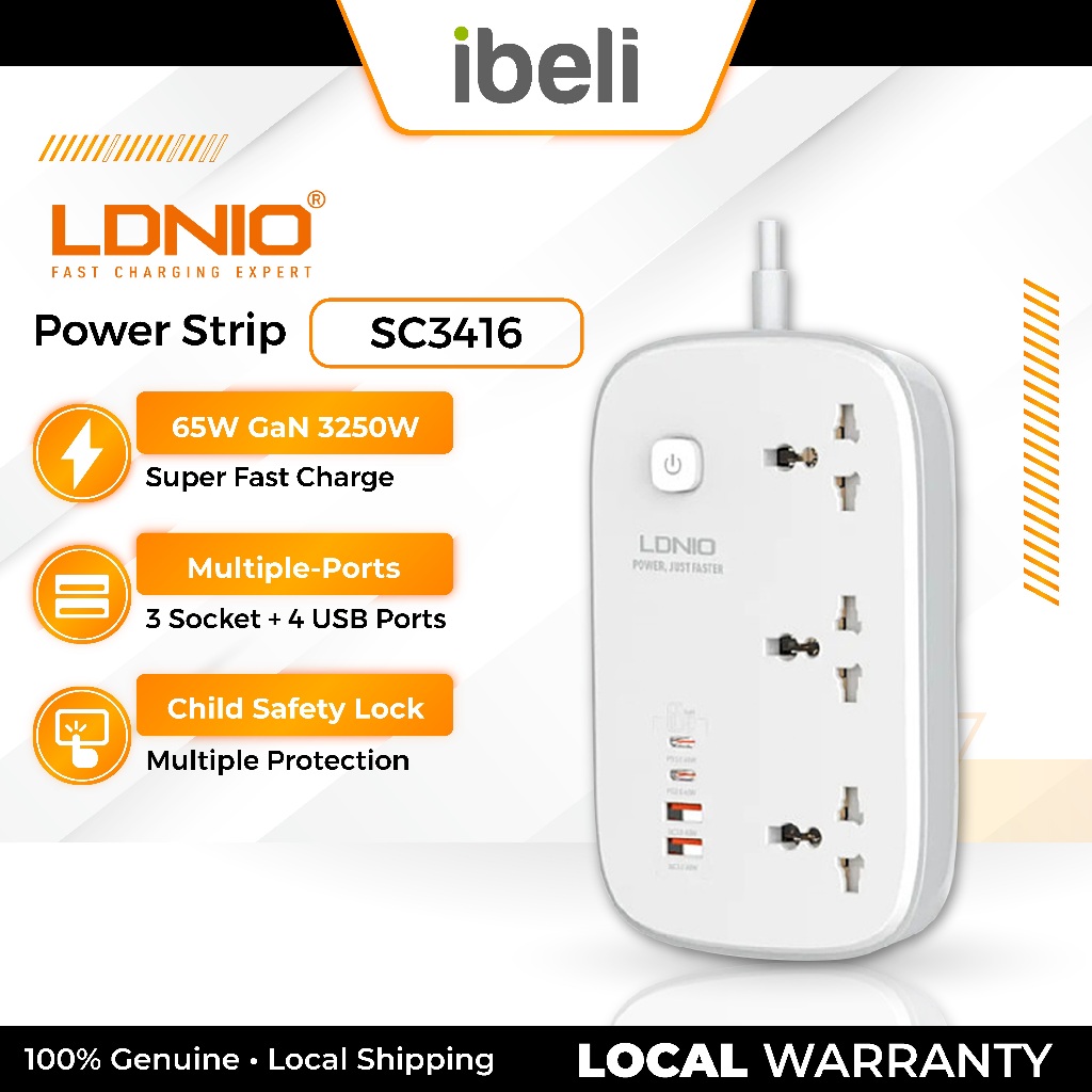 LDNIO SC3416 Power Strip 3 Socket 3250W GaN Charger 65W 4 USB | Shopee ...