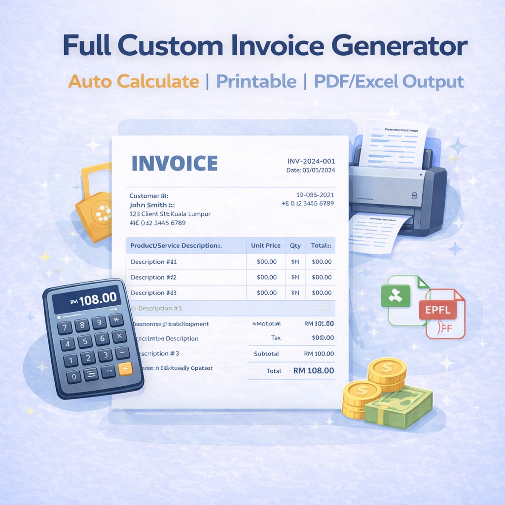 Full Custom Invoice Generator | Auto Calculate | Printable | PDF/Excel ...