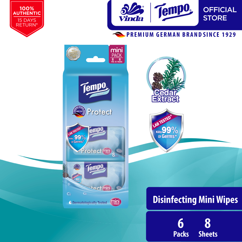 Tempo Protect Mini Wet Wipes Cedar (6x8s) - Dermatologically Tested ...