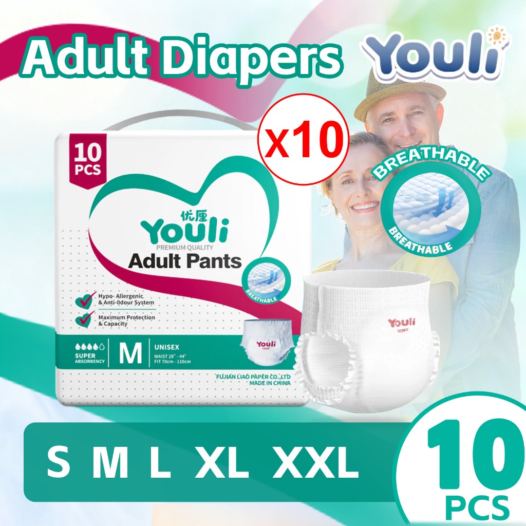 YOULI Breathable Adult Diapers (2000ml x 100 Pcs) Fast Absorption Leak ...