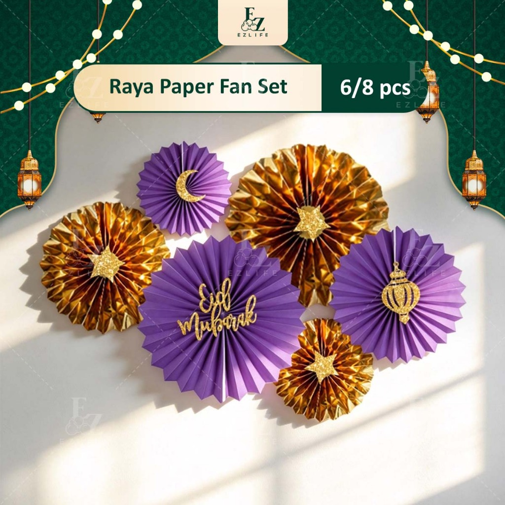 New Raya 2026 Raya Paper Fan 6/8 pcs Flower Set Backdrop Eid Mubarak ...