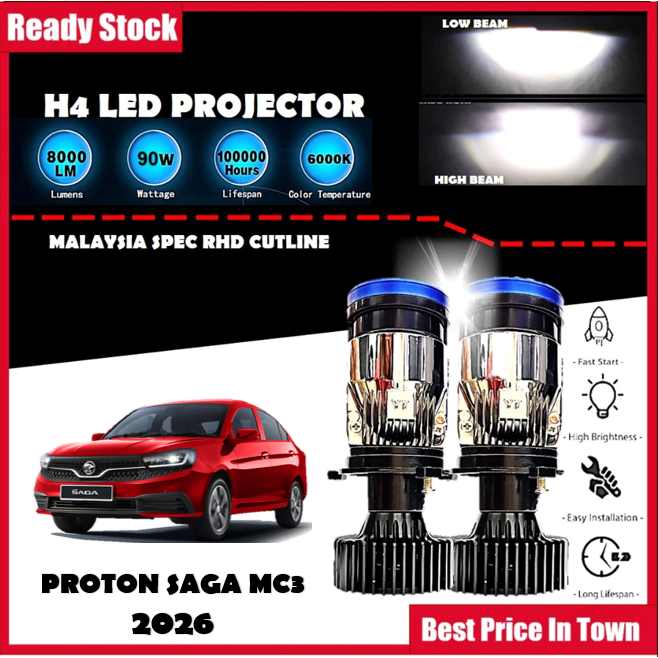 Proton Saga MC3 2026 Car Light LED H4 LED Mini Projector Lens 90W 6000K ...