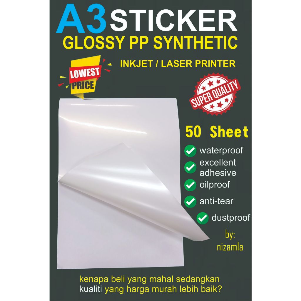 A3 GLOSSY PP SYNTHETIC STICKER WATERPROOF GAM KUAT | Shopee Malaysia