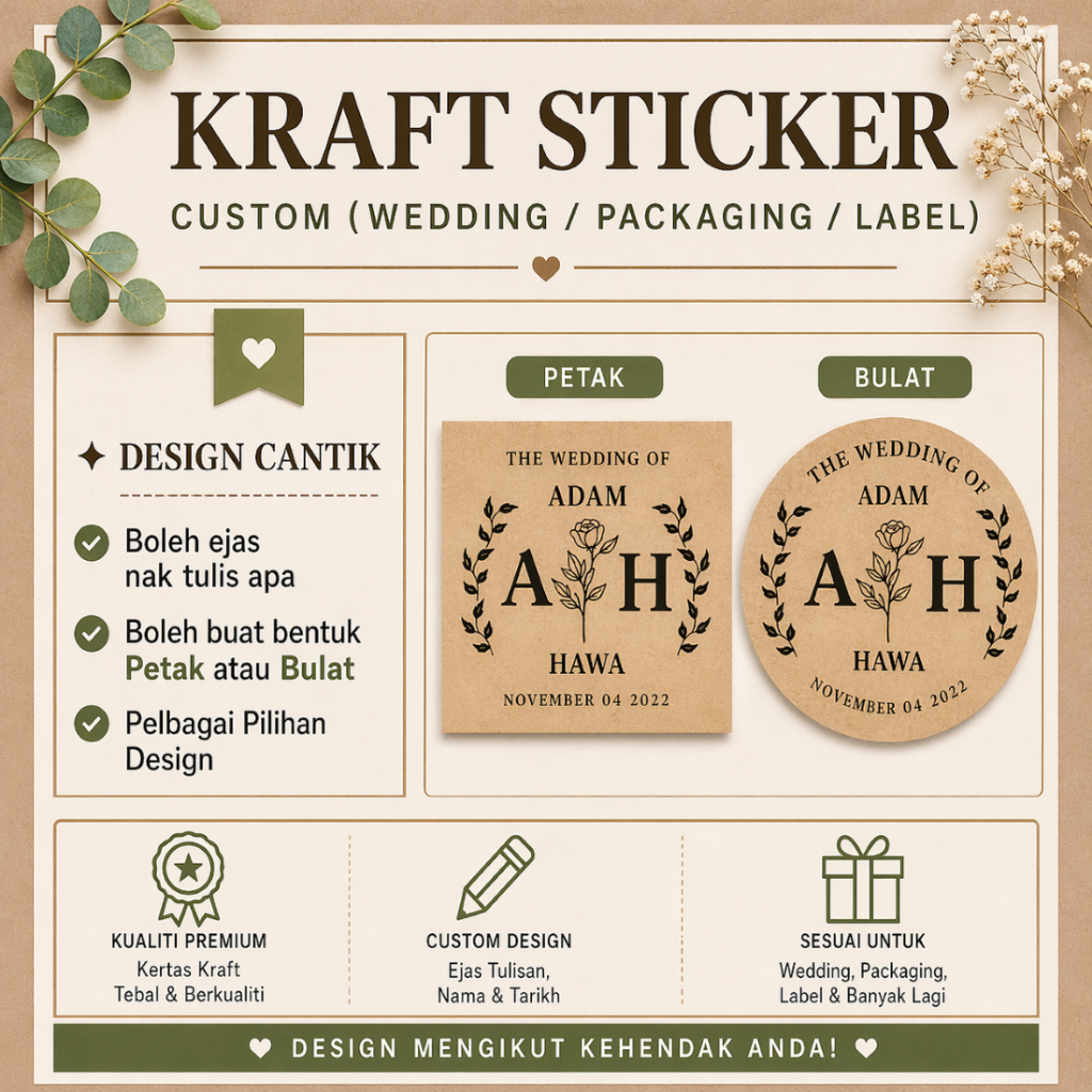 Custom 100pcs Sticker Kraft Kahwin | Sticker Doorgift | Wedding ...