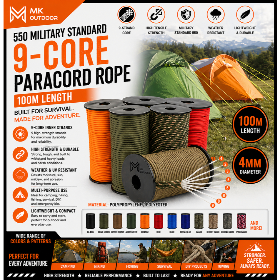 100M 550 Military Standard 9-Core Paracord Rope 4mm Outdoor Paratrooper ...