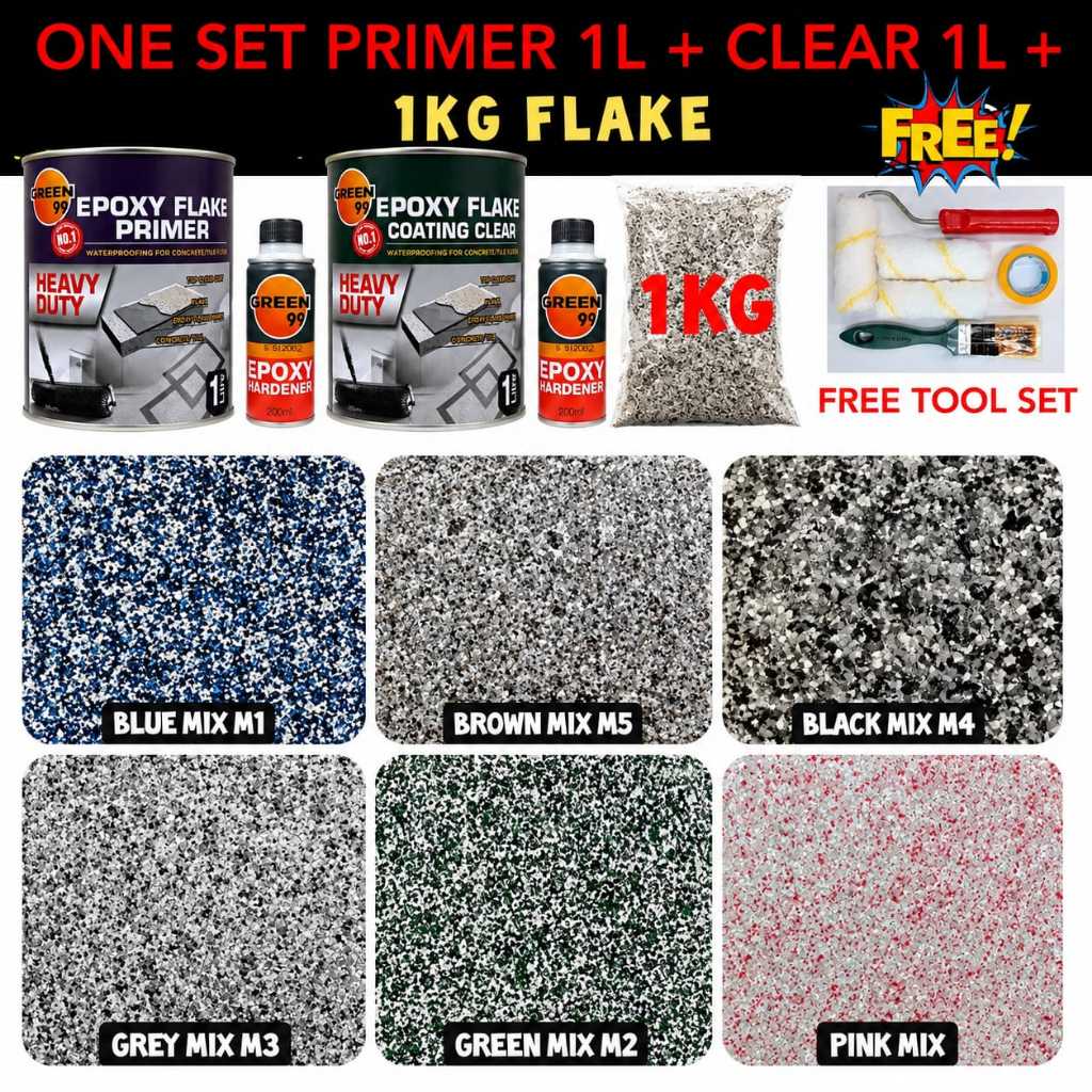 FULL SET (1L PRIMER/1L CLEAR / FLAKE / FREE TOOLS ) Epoxy Colour Flake ...