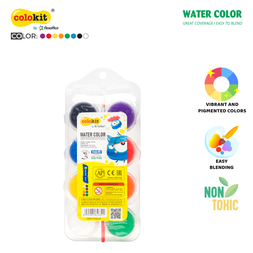 Colokit Watercolor Set 8 Colors + Free Brush - Safe for Kids/Vibrant ...