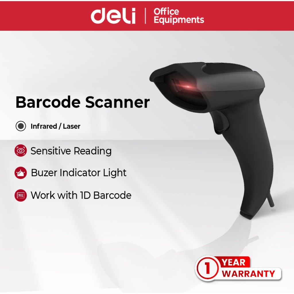 Deli Laser Infrared Barcode Scanner 1D USB Wired Handheld Wireless ...