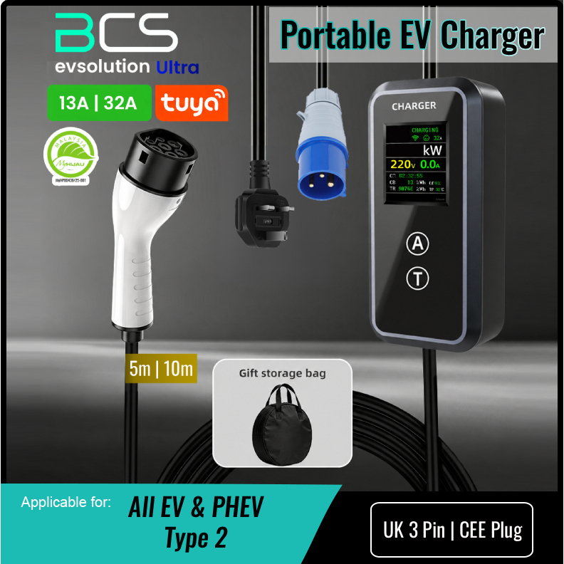 NEW Wifi APP control CEE 3 Pin Portable EV PHEV Charger Type 2 Cable 5 ...