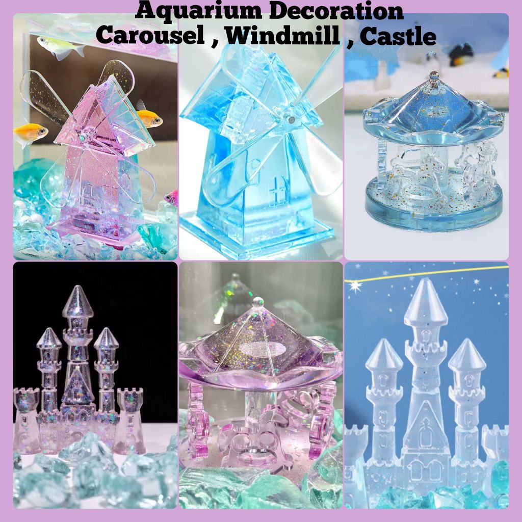 Fish Tank Landscaping Ice Blue Crystal Stone Castle Carousel Windmill ...