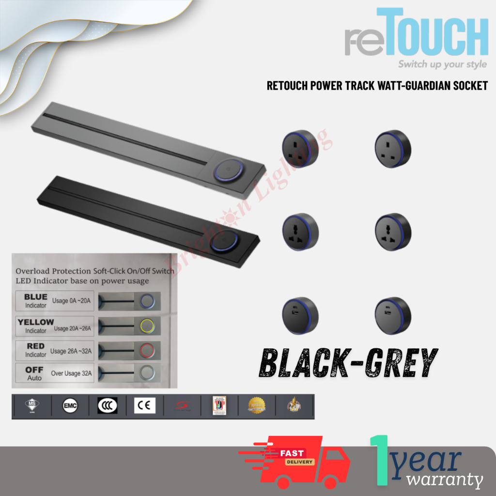 ReTouch Power Track Watt-Guardian Socket Hitam-Grey dengan Lampu dan ...